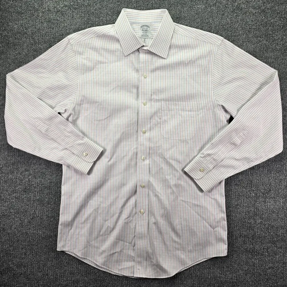 Brooks Brothers Dress Shirt Mens 15.5 33 White Blue Red Check Cotton Non Iron